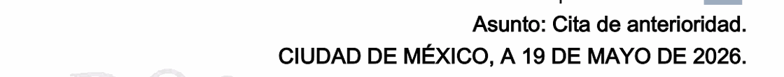 Encabezado de un oficio real del IMPI: dice CIUDAD DE MEXICO, A 19 DE MAYO DE 2026. El expediente y el folio van tachados.